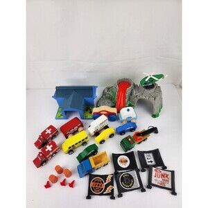 Lot of 13 Small Wooden Vehicles School Bus Police & Plastic Mountain and House